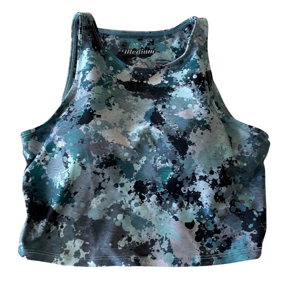 Colorado Threads Women's Medium‎ Graphic Crop Tank Top Teal Camo Splatter